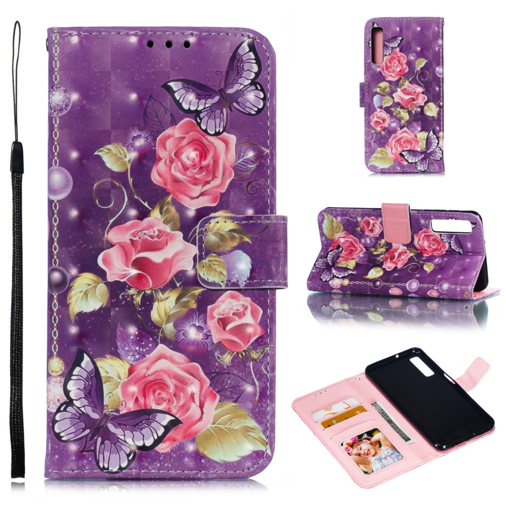 For Samsung A7 2018 3D Coloured Painted Leather Protective Phone Case with Button & Card Position Lanyard purple flower - Image 3