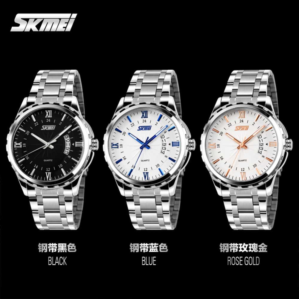 SKMEI Business Men Watch Week Calendar Display Steel Band Waterproof Luminous Wristwatch Gold shell black dial - Image 2