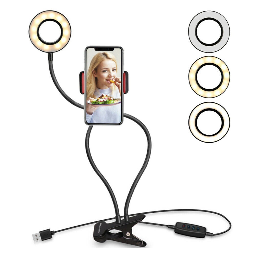 Selfie Flash Ring Light Mobile Phone Holder 24 LED Camera Long Arm USB Clip black - Image 3