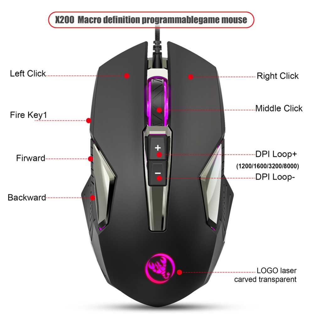 Wired Game Mouse Colorful Luminous 8000dpi Adjustable 8D Ergonomic Computer Gaming - Image 3