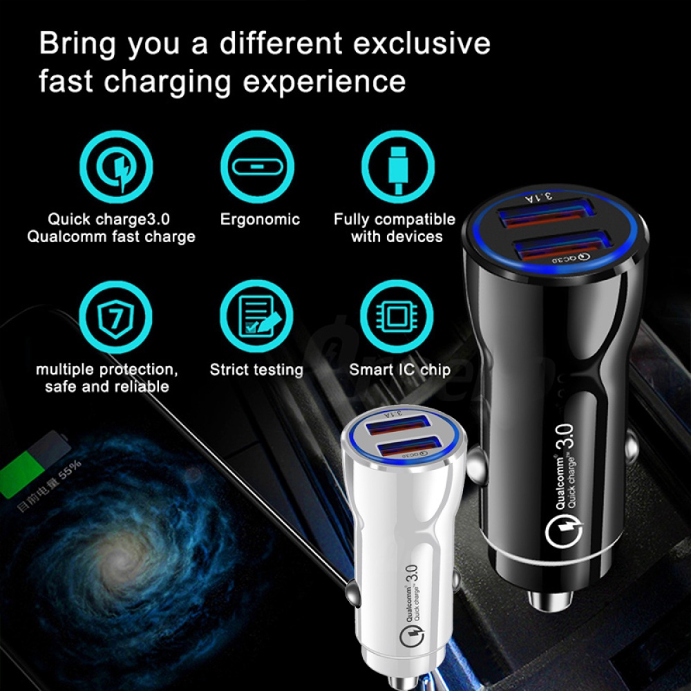 Portable Qc3.0 Fast Charge Dual Port Car Charger Overheating Overcharge Protection white - Image 3