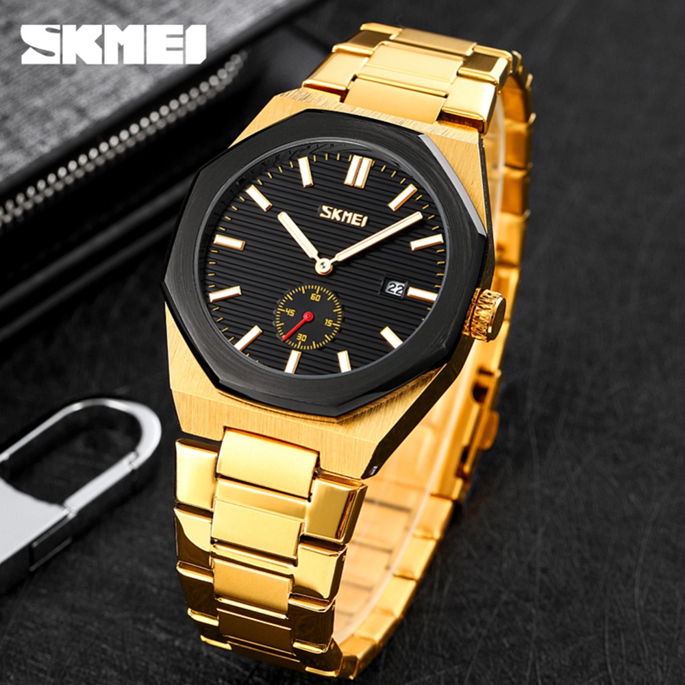 SKMEI Business Men Quartz Watches Steel Band Waterproof Fashion Octagonal Wristwatch Gold shell black dial - Image 3