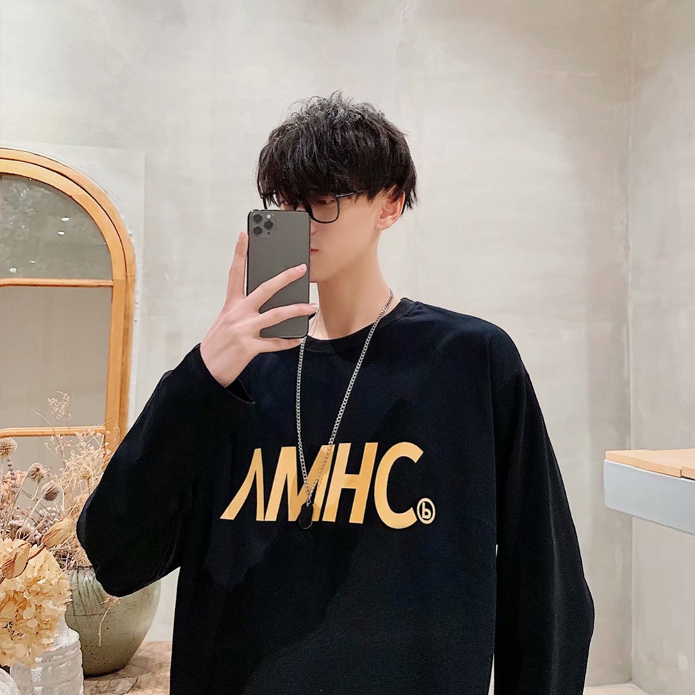 Men's T-shirt Spring and Autumn Long-sleeve Letter Printing Crew- Neck All-match Bottoming Shirt Black _L - Image 2