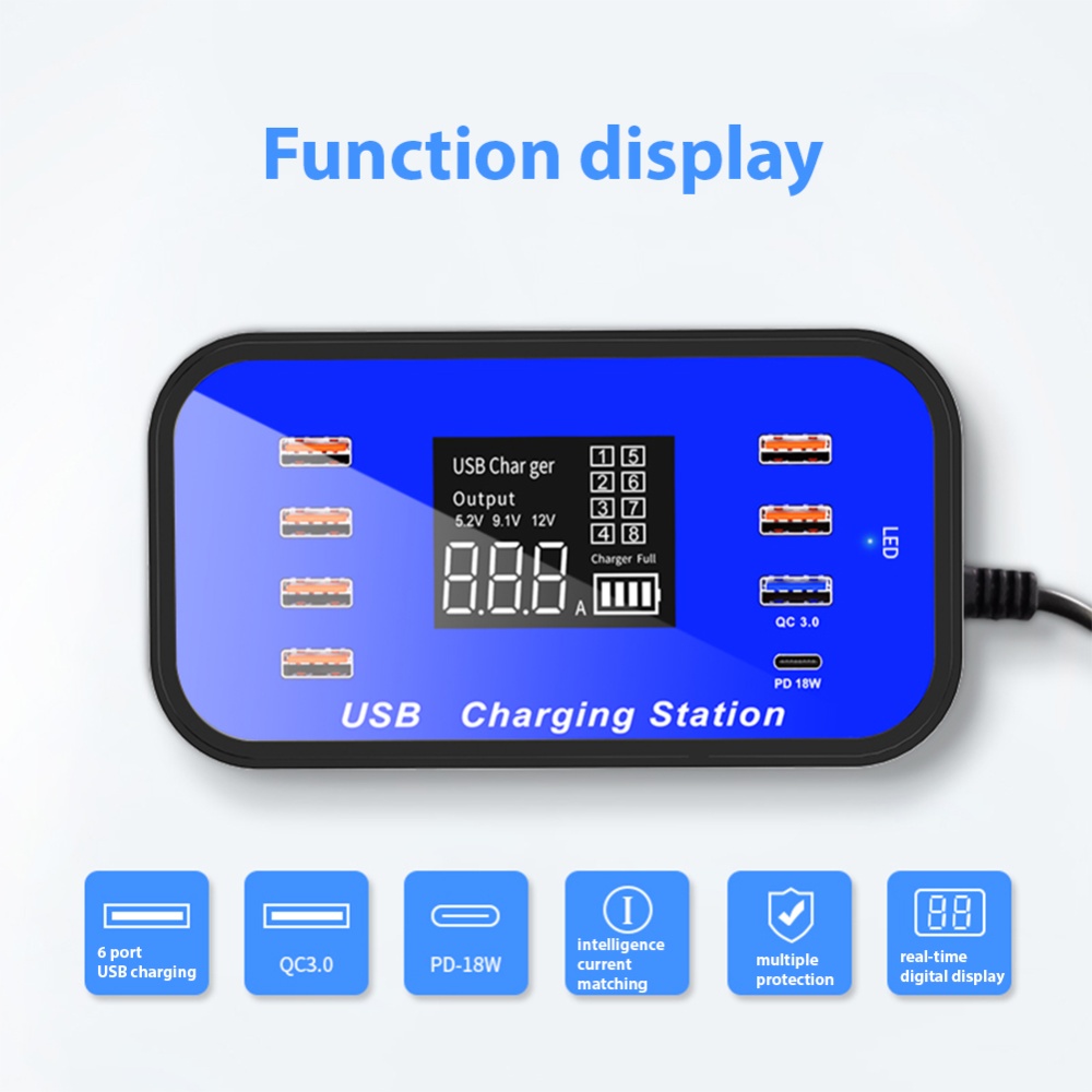 8 Port A Charger Adapter Hub Quick Charge 3.0 USB Multi Dock Station blue - Image 3