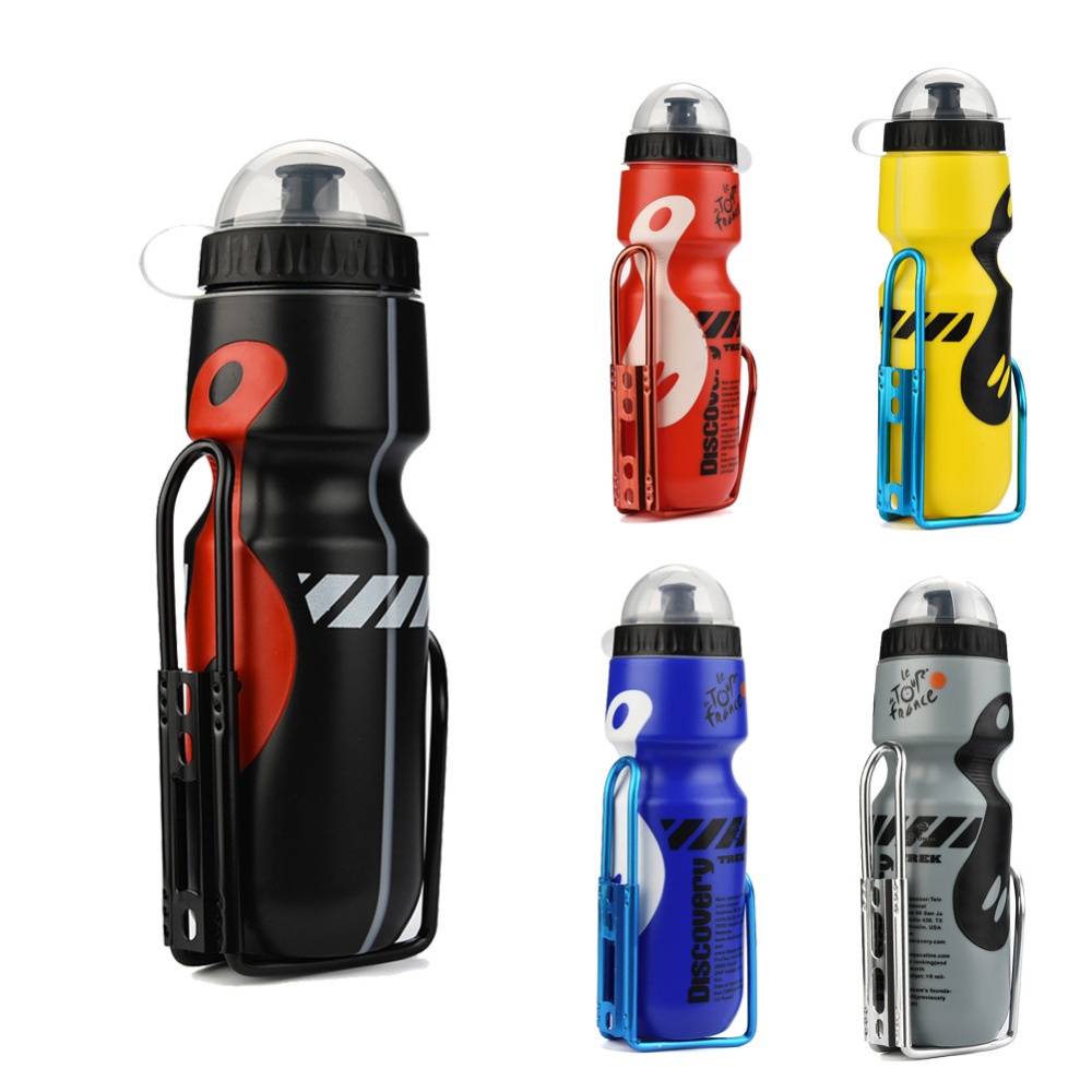 Large Capacity Bicycle Water Bottles and Carbon Fiber texture V-shaped Bottle Cage Kettle Set Grey kettle + silver bottle holder - Image 2