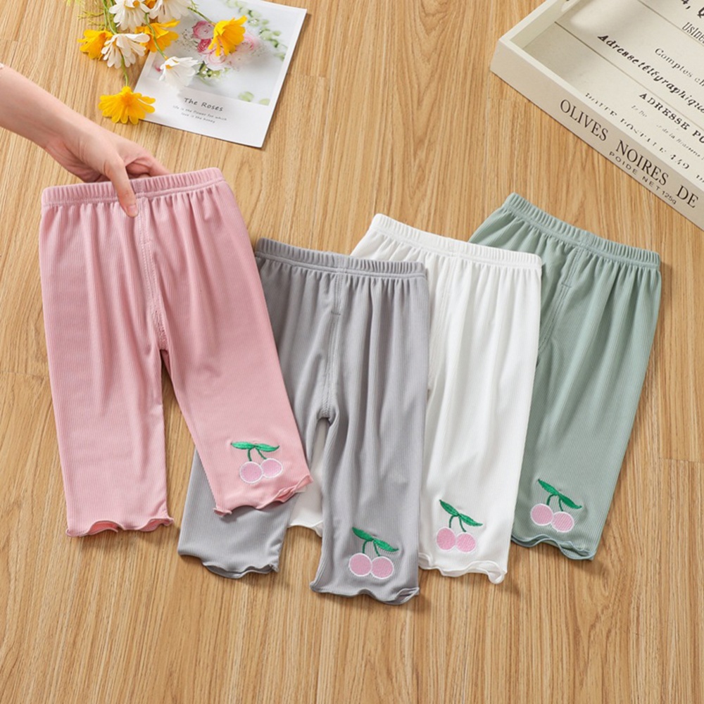 Toddlers Leggings Kids Girls Cropped Pants Solid Color Elastic Waist Belt Summer Outerwear Bottoms cherry pink 1-2Y 80cm - Image 2