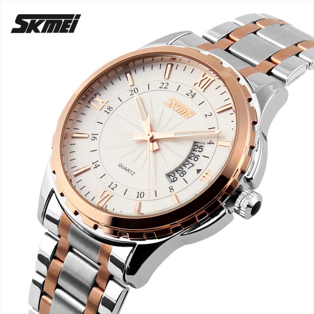 SKMEI Business Men Watch Week Calendar Display Steel Band Waterproof Luminous Wristwatch Gold shell black dial - Image 3