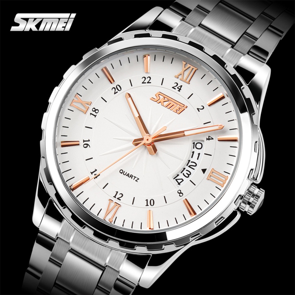 SKMEI Business Men Watch Week Calendar Display Steel Band Waterproof Luminous Wristwatch Gold shell blue needle - Image 3