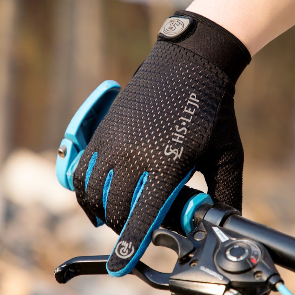 Outdoor gloves Sports Anti Slip Breathable Road Gloves Cycling Full Finger Bicycle Motorcycle Riding Black+blue_L - Image 2