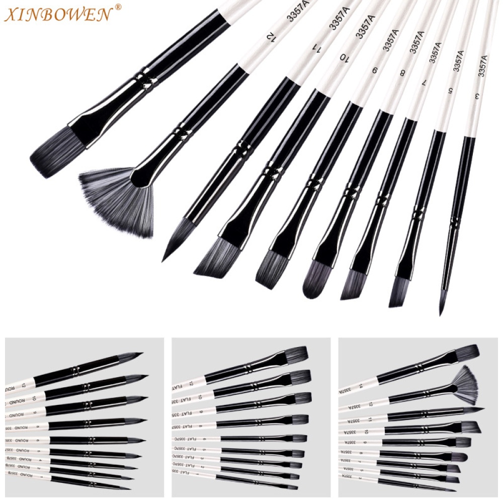 9Pcs Paint Brushes Black White Nylon Hair Mixed Head Brush Set - Image 3