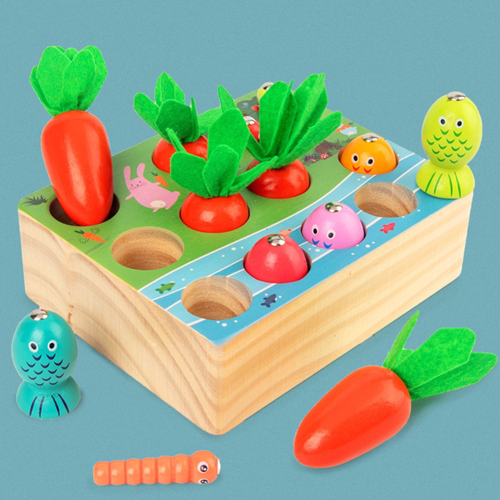 3-in-1 Catching Game Toy Radish Pulling Fishing Insect For Children Early Education Educational Wooden Toys Color pattern - Image 3