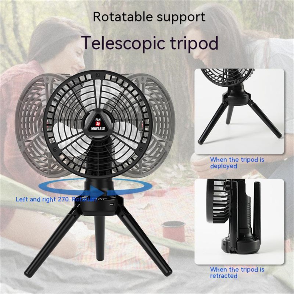 Outdoor Camping Tripod Fan 270 Degree Rotatable 2350 Rpm/min 3-levels Dimming Mini With Led Lamp black - Image 3