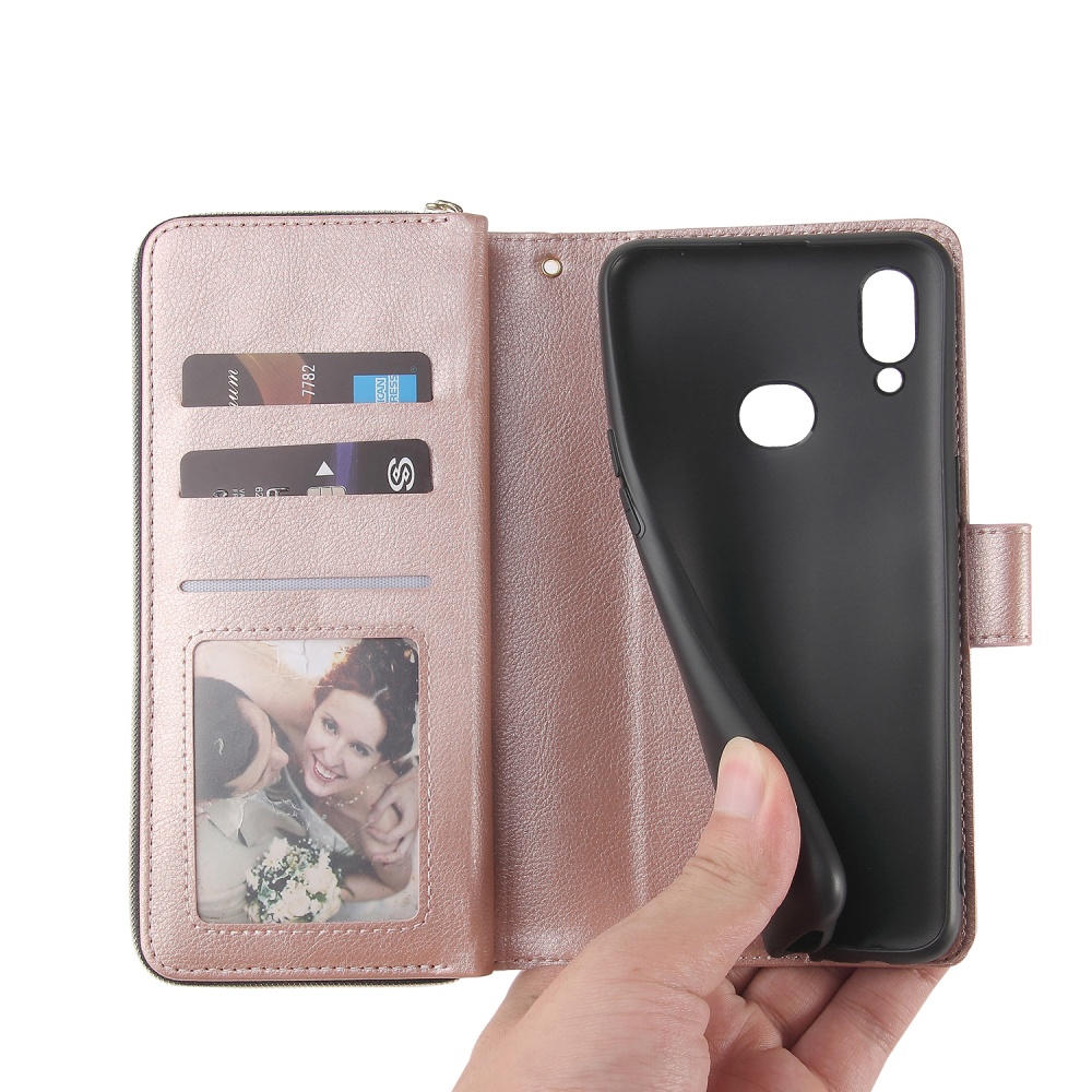 For Samsung A10/A20/A30/A50/A30S/A50S Pu Leather Mobile Phone Cover Zipper Card Bag + Wrist Strap Rose gold - Image 3