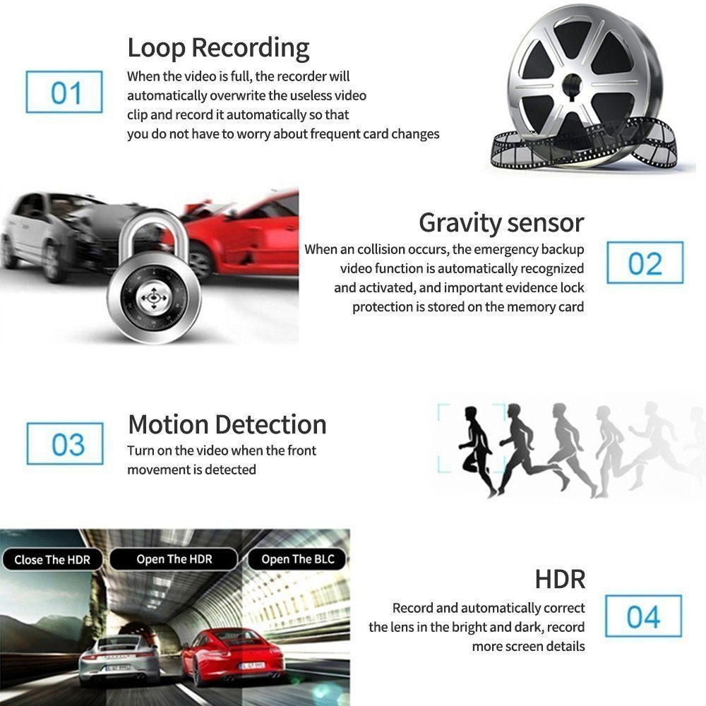 4'' 1080P 3 Lens Car DVR Dash Cam 170° Vehicle Video Recorder Rearview Camera black - Image 3