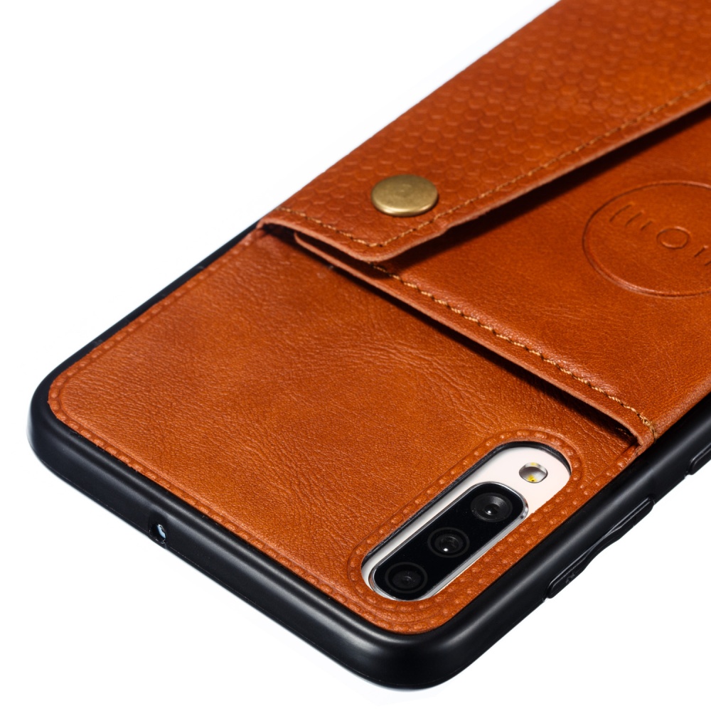 For Samsung A70 Double Buckle Non-slip Shockproof Cell Phone Case with Card Slot Bracket Light Brown - Image 3