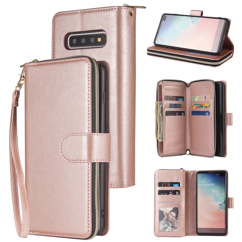 For Samsung S10/S20/S10E/ S10 Plus Pu Leather Mobile Phone Cover Zipper Card Bag + Wrist Strap black - Image 3