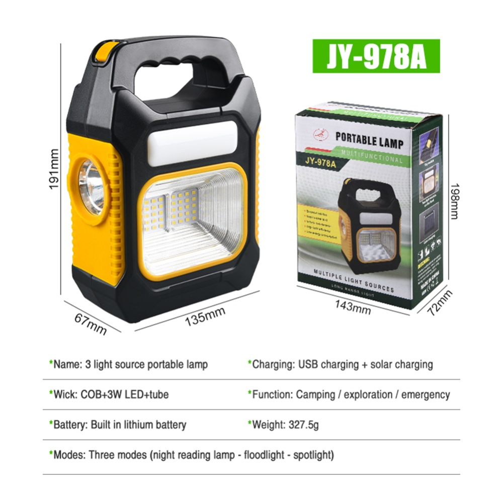 Portable Camping Lights Strong Light Long-range Outdoor Solar Led Work Lamp Flashlight Torch JY-978BCOB (yellow) - Image 2