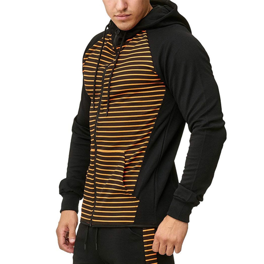 Men Zipper Sweatshirt Coat Spring Autumn Stripes Hooded Cardigan Orange stripes_S - Image 2