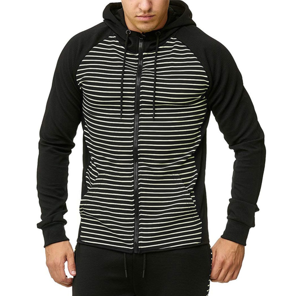 Men Zipper Sweatshirt Coat Spring Autumn Stripes Hooded Cardigan White strip_2XL - Image 3