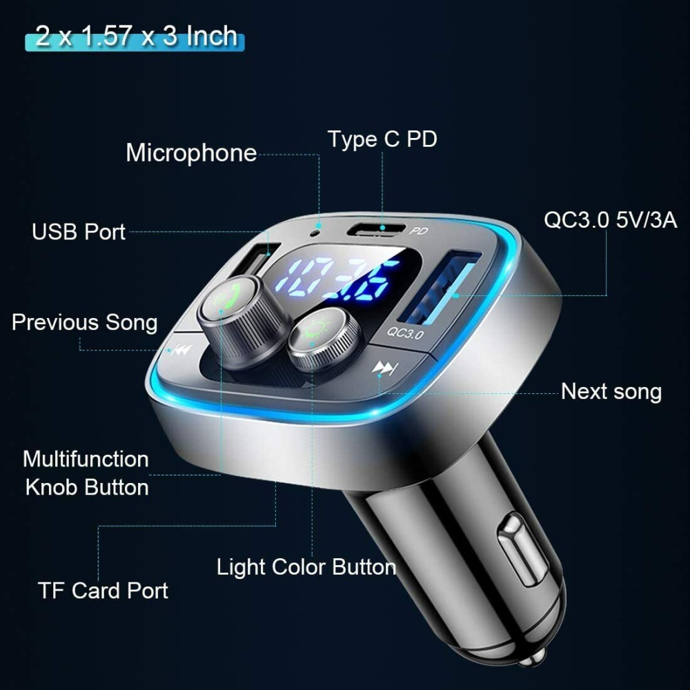 Car Adapter Wireless FM Radio Transmitter Bluetooth 5.0 Black - Image 2