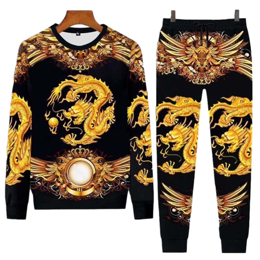 Men's T-shirt Dragon Pattern Round Neck Casual Long-sleeved Shirt Chinese Long Sleeve#Set_M - Image 3