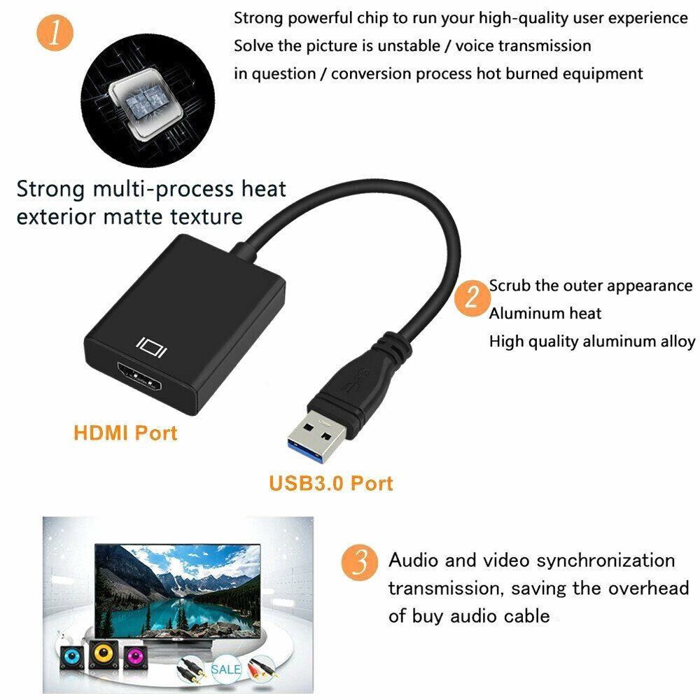 USB 3.0 to HDMI Audio Video 1080P Adaptor Converter Cable for PC Laptop HDTV TV black - Image 3