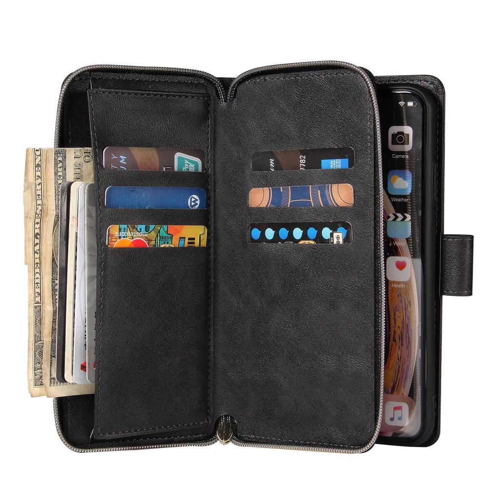 For iphone X/XS/XS MAX/11/11Pro Pu Leather Mobile Phone Cover Zipper Card Bag + Wrist Strap black - Image 3