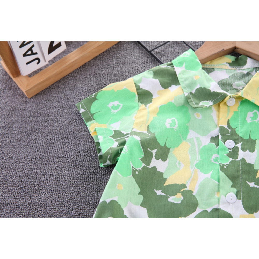 2-piece Boys Lapel Shirt Shorts Suit Summer Short Sleeves Single Breasted Tops Flower Printing Two-piece Set green 5-6Y 120cm - Image 3