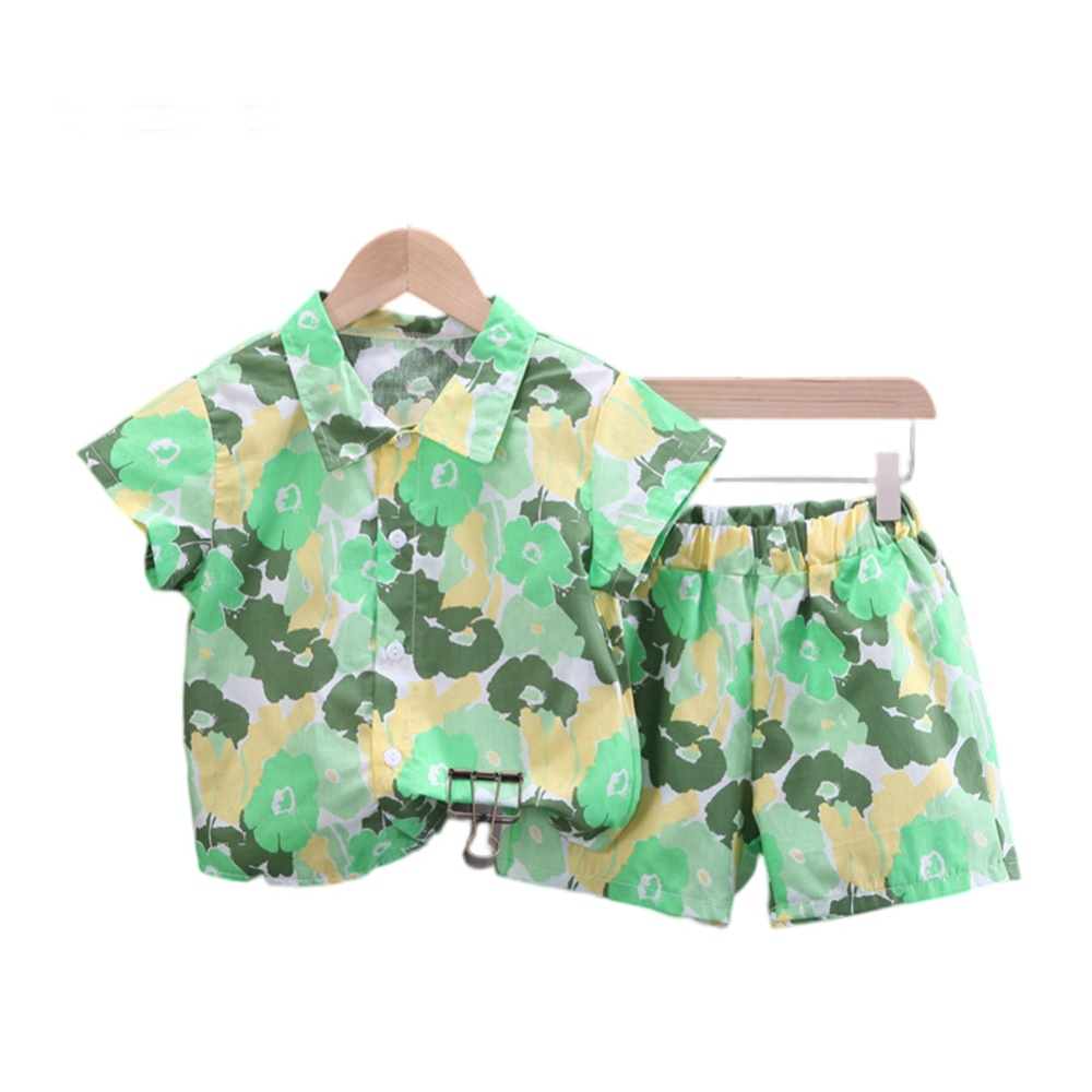 2-piece Boys Lapel Shirt Shorts Suit Summer Short Sleeves Single Breasted Tops Flower Printing Two-piece Set green 5-6Y 120cm - Image 2