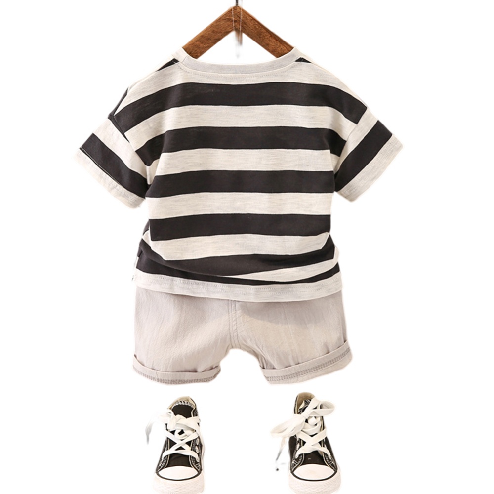 2-piece Children T-shirt Shorts Set Trendy Short Sleeves Striped Printing Round Neck Shirt Suit black 6-7Y 120cm - Image 3