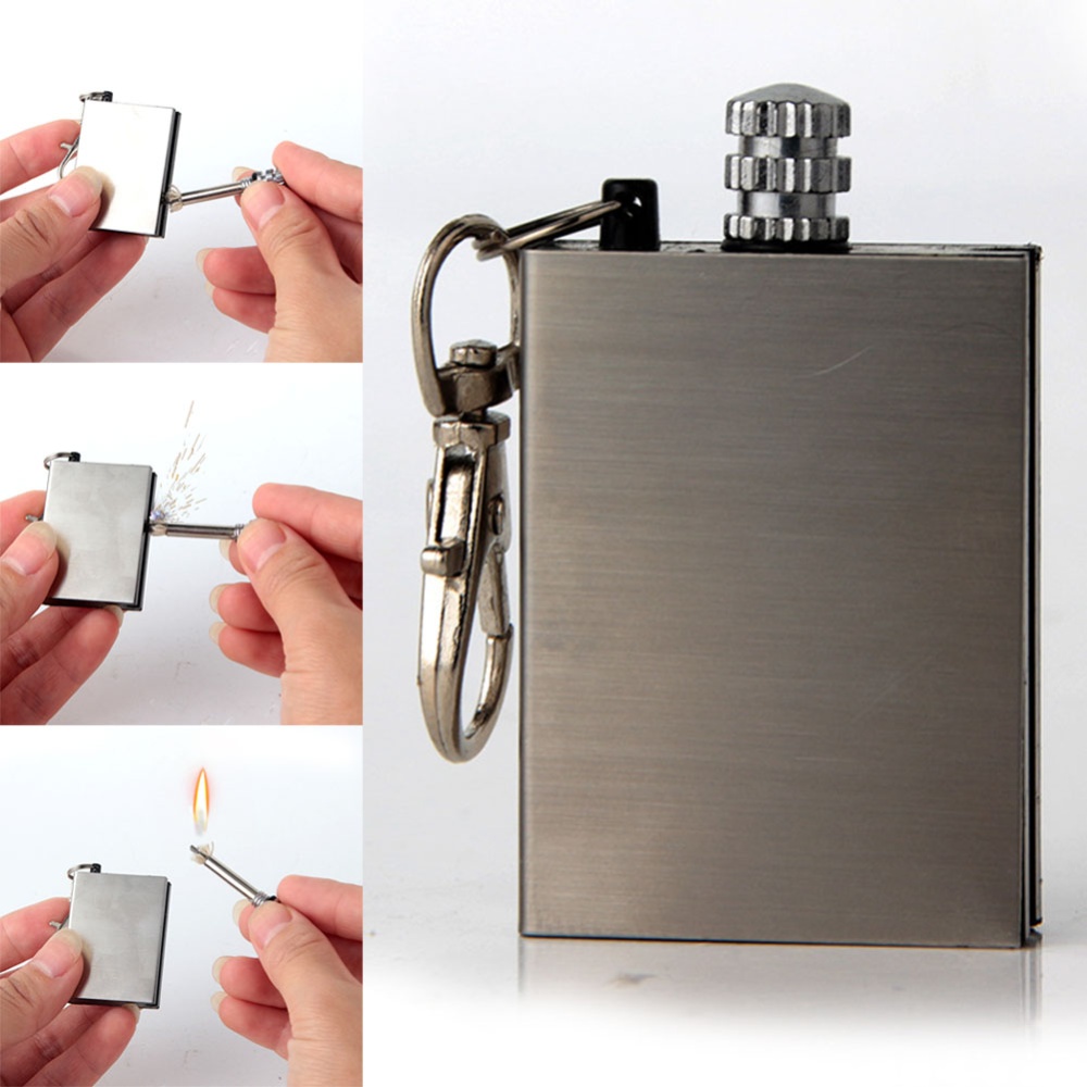 Stainless Steel Fire Starter Match Lighter Keychain Camping Emergency Survival Flint Key Ring Silver - Image 2