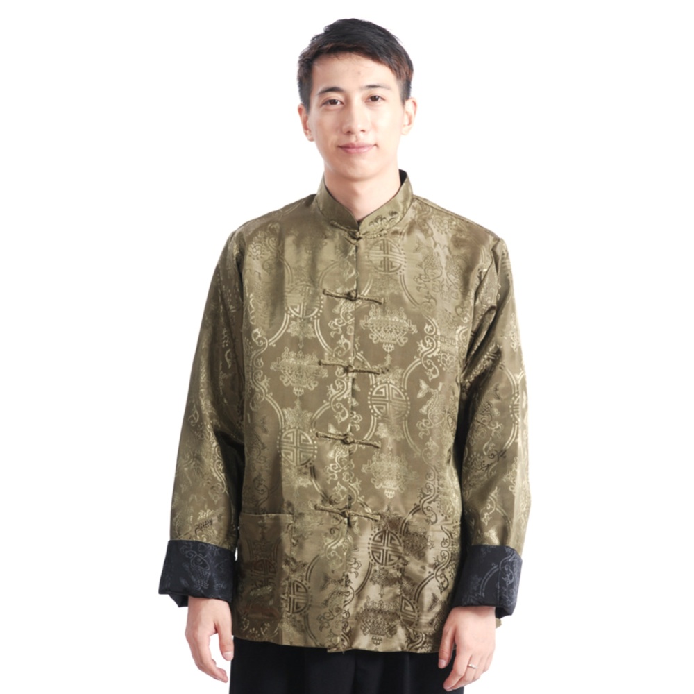 Tang-suit For Men Chinese Traditional Satin Hanfu Tops Long Sleeves Cardigan Single-breasted Performance Jacket green and black XXXL - Image 2