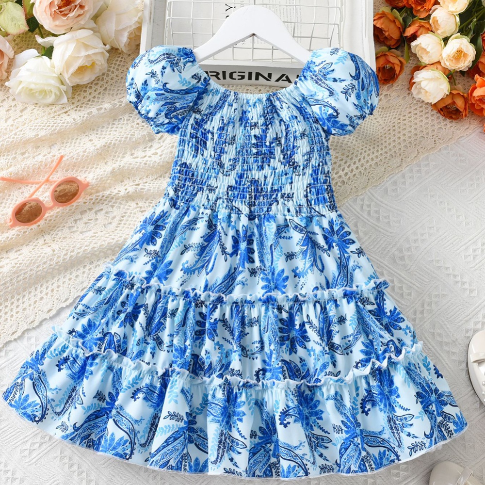 Summer Short Sleeves Dress For Girls Elegant Printing Fashion Ruffled A-line Skirt Casual Breathable As shown 3-4Y 100cm - Image 2