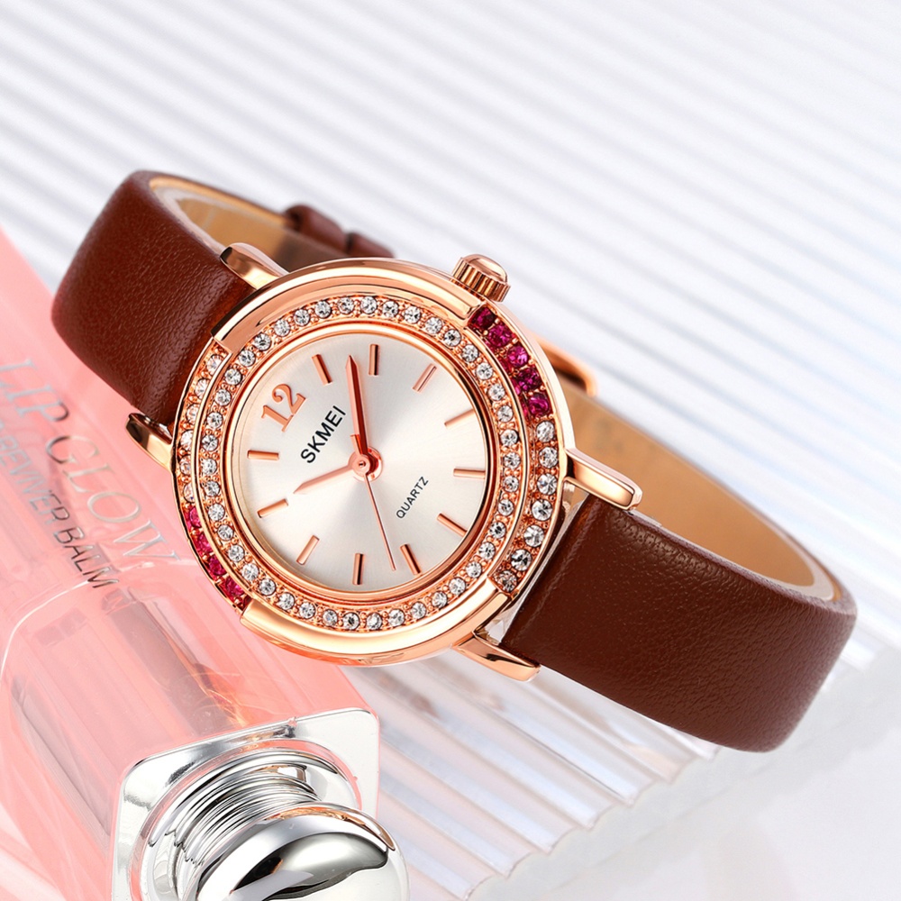 SKMEI Women Watch Exquisite Rhinestone Inlaid Wrist Creative Casual Leather Watchband For rose gold case brown band - Image 3