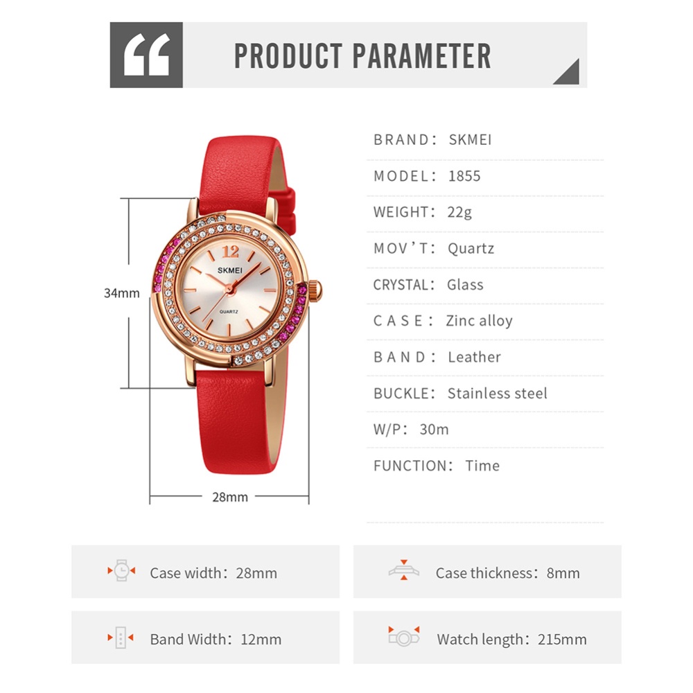 SKMEI Women Watch Exquisite Rhinestone Inlaid Wrist Creative Casual Leather Watchband For rose gold case red band - Image 2