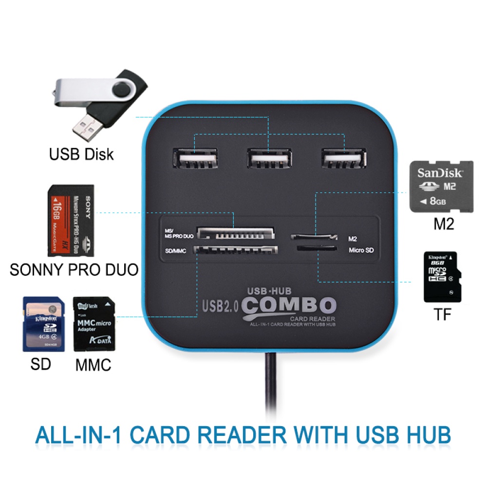 USB HUB Combo All in One 2.0 Micro SD High Speed Card Reader 3 Ports Adapter Connector for Tablet PC Computer Laptop blue - Image 3