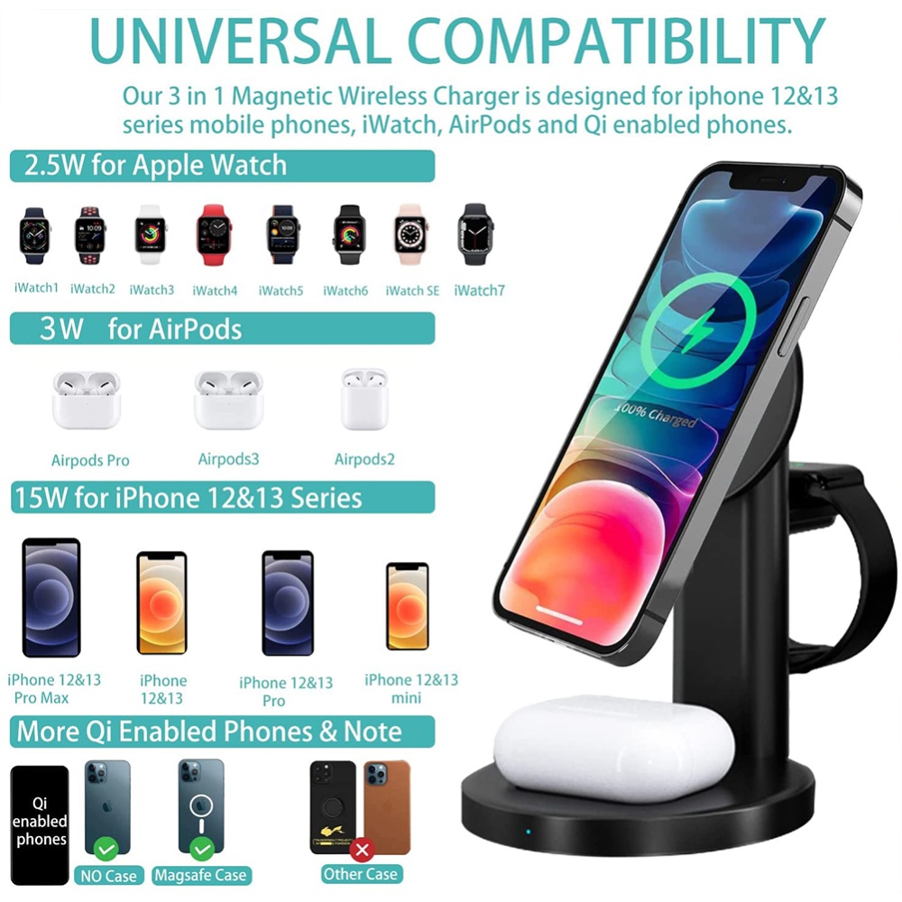 3-in-1 Magnetic Wireless Charger Charging Stand Base Fast Station Compatible With Iphone 13/12 / Pro Max Mini Black - Image 3