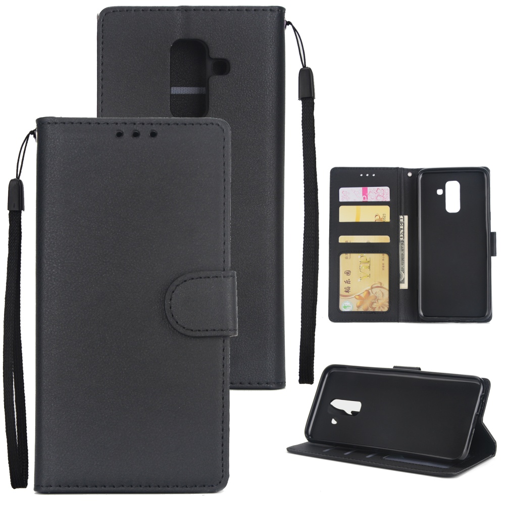 For Samsung A6 PLUS 2018 Flip-type Leather Protective Phone Case with 3 Card Position black - Image 3