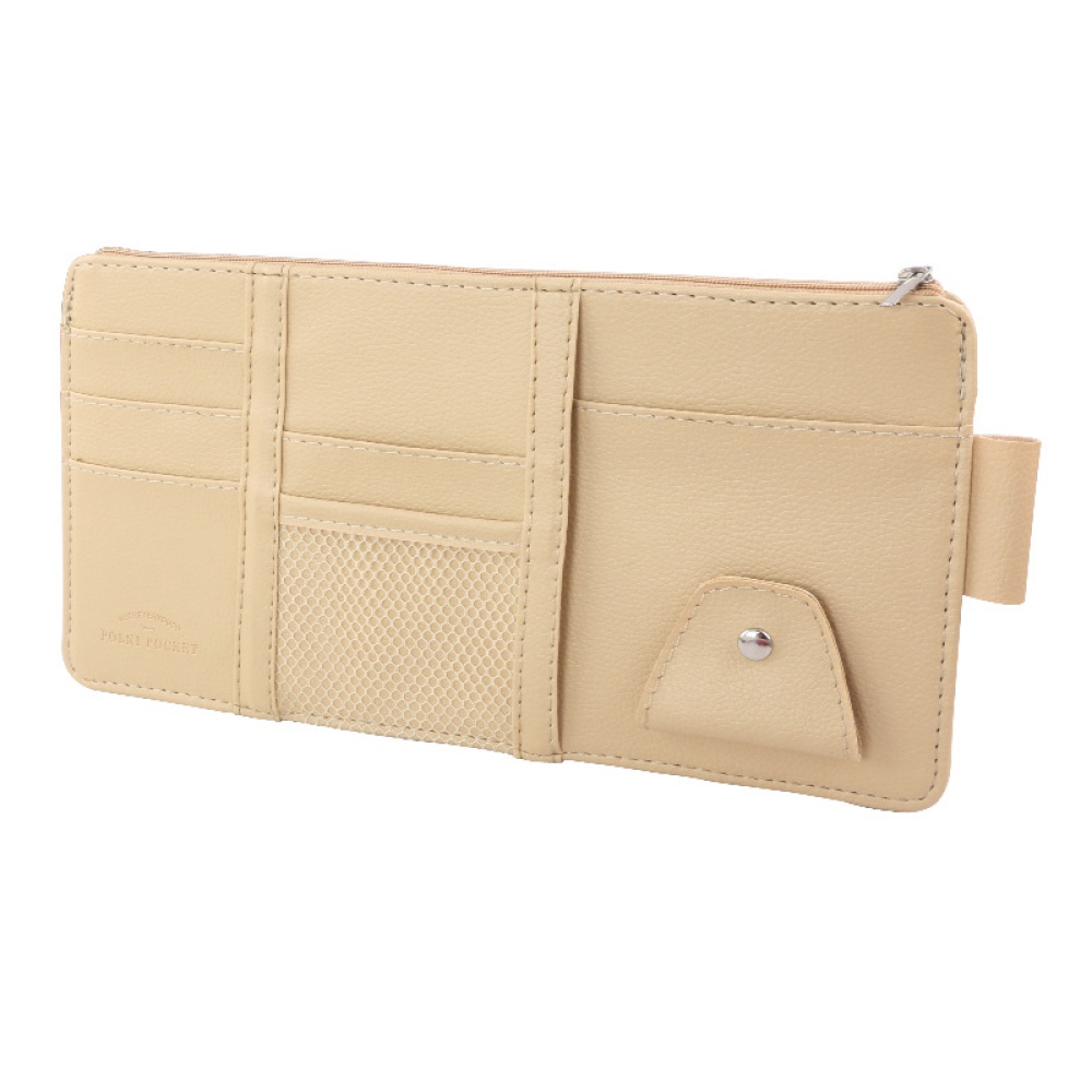 Car Sun Visor Card Holder Glasses Clip with Mobile Phone Bag Beige - Image 3