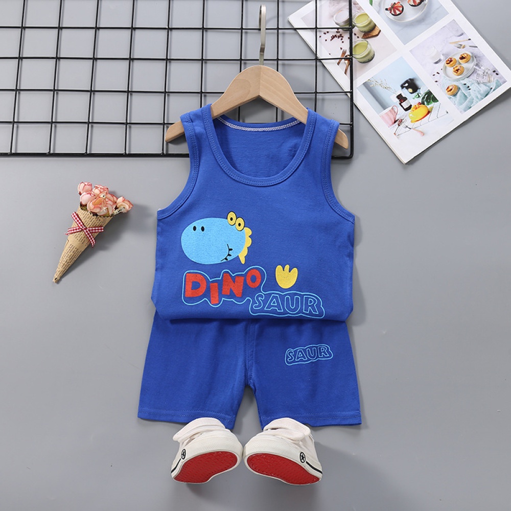 Summer Thin Pajamas For Children Cotton Cute Cartoon Printing Sleeveless Tank Tops Shorts Suit Boys dark blue dinosaur 18-24 months M - Image 3