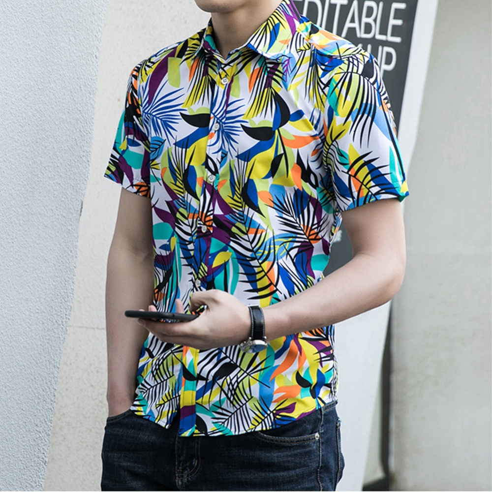 Men Summer Short Sleeves T-shirt Fashion Hawaiian Printing Lapel Tops Casual Large Size Beach Shirts blue M - Image 2