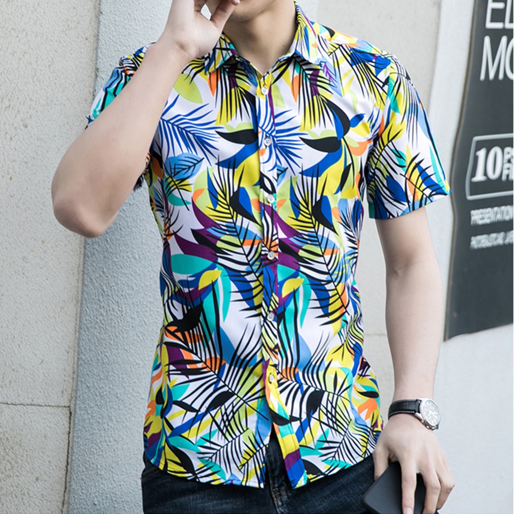 Men Summer Short Sleeves T-shirt Fashion Hawaiian Printing Lapel Tops Casual Large Size Beach Shirts blue M - Image 3