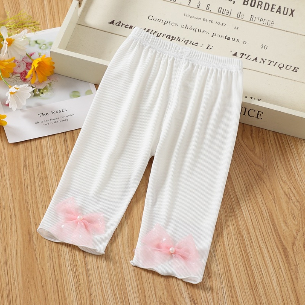 Toddlers Leggings Kids Girls Cropped Pants Solid Color Elastic Waist Belt Summer Outerwear Bottoms lace white 2-3Y 90cm - Image 3