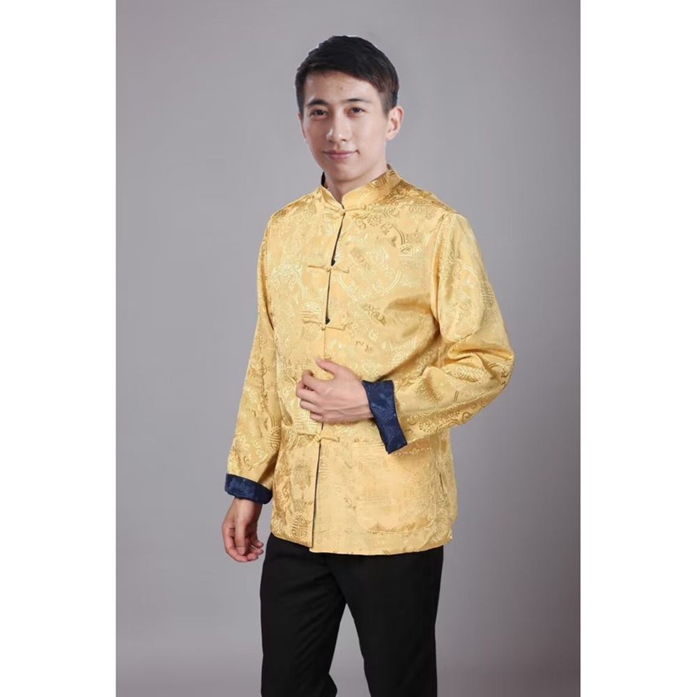 Tang-suit For Men Chinese Traditional Satin Hanfu Tops Long Sleeves Cardigan Single-breasted Performance Jacket blue and gold M - Image 2