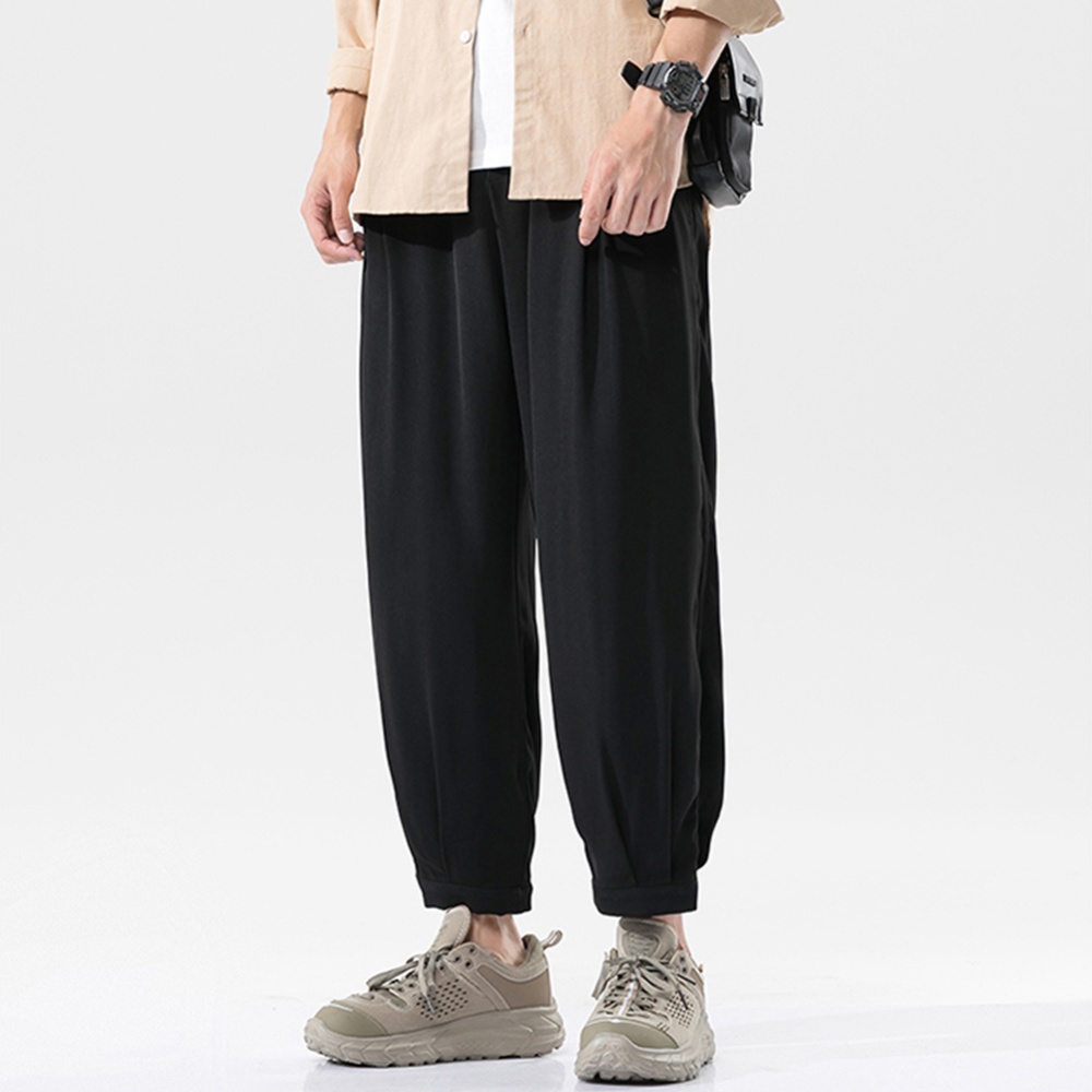 Trendy Men Loose Sports Pants Summer Thin Ethnic Style Solid Color Casual Straight Wide-leg Trousers black 5XL - Image 3