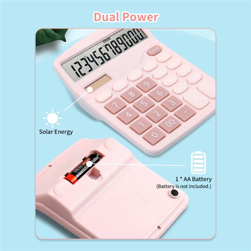 Color Calculator 12-digit Display Office Student Battery Solar Dual Power Lcd Basic Pink - Image 2