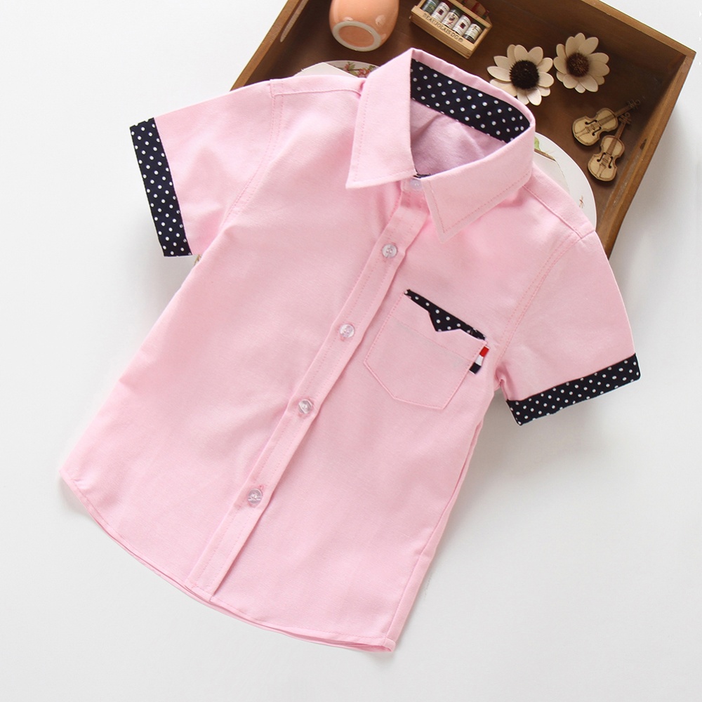 Summer Boys Short Sleeves Shirts Polka Dot Printing Casual Lapel Button Down Cotton Tops Sleeve - Pink HEIGHT:140cm