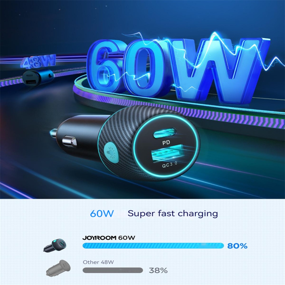 60w High-power Car Charger Dual-port Button Switch Qc3.0 Pd Fast Charging Adapter With 7-color Light black - Image 3