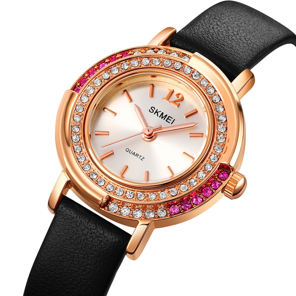 SKMEI Women Watch Exquisite Rhinestone Inlaid Wrist Creative Casual Leather Watchband For rose gold case black band - Image 3