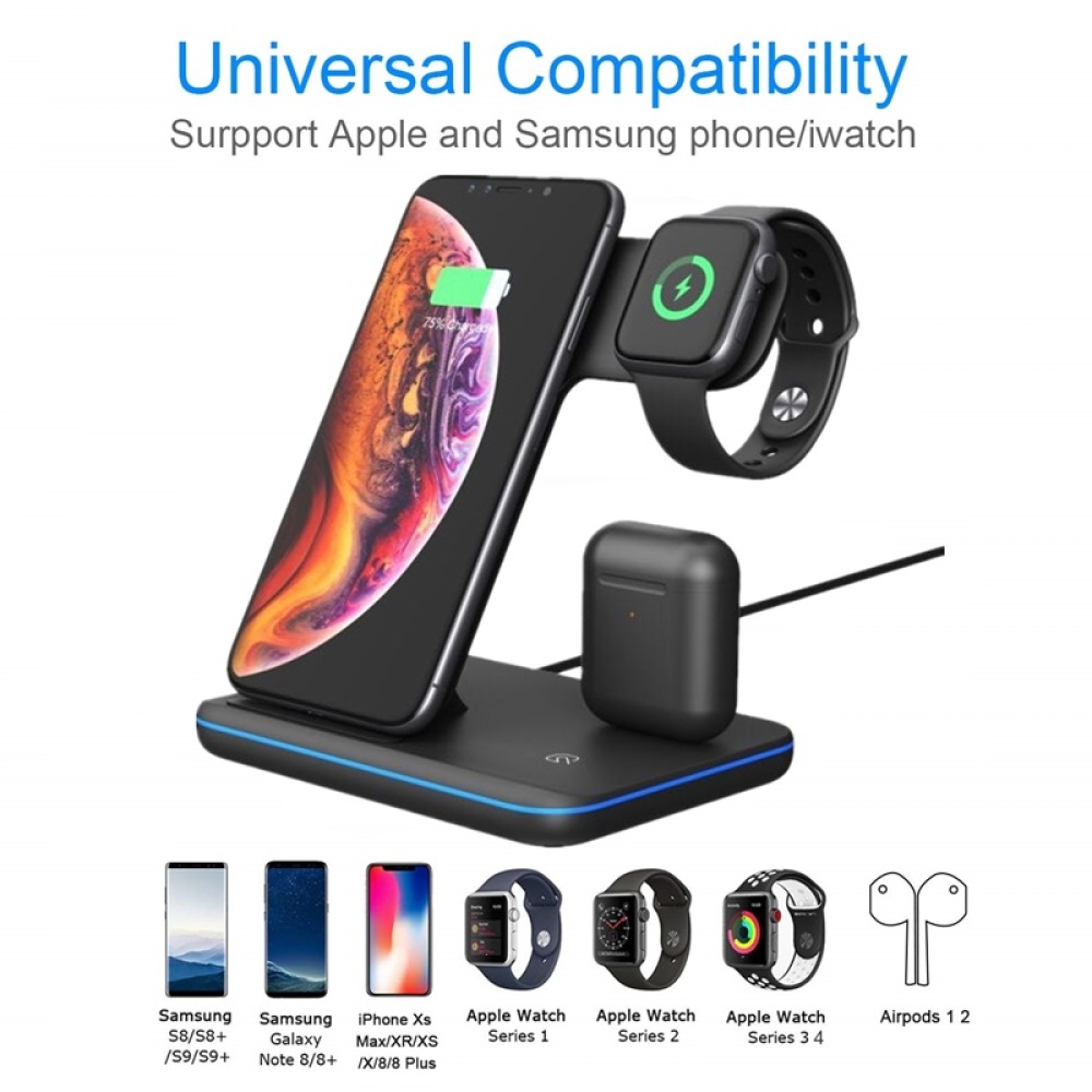 3 in 1 Universal 15W Qi Wireless Charger for Iphone X 8 Xiaomi Quick Charge 3.0 Fast Dock Stand Apple Airpods Watch 4 2 white - Image 3